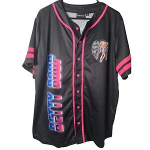 Betty Boop Baseball Jersey Black Pink Born To Rise Angel Graphic Mesh Top Large